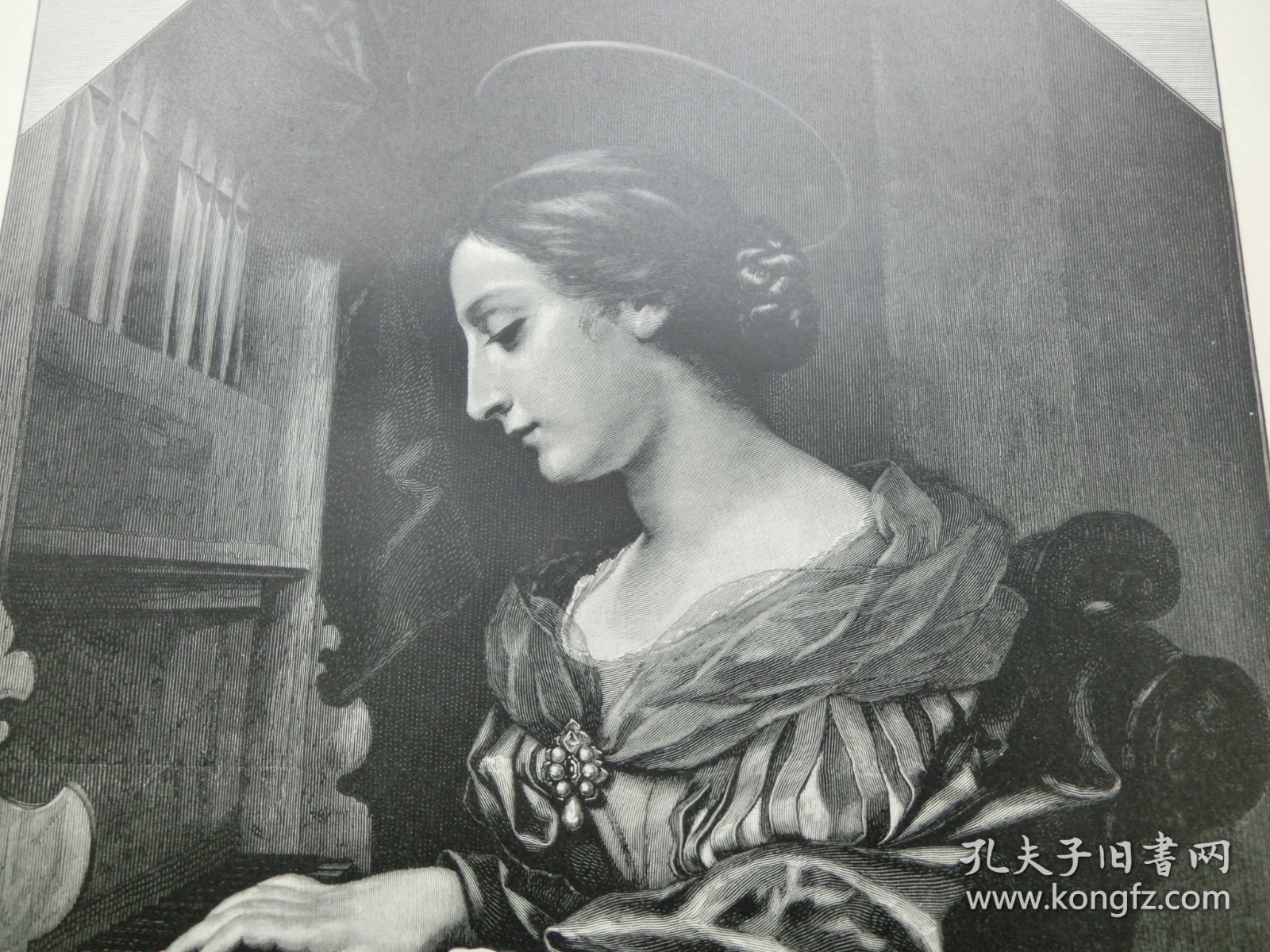 【百元包邮】《美女乐神：演奏管风琴的圣塞西莉亚》（Die Heilige Cäcilie）1886年，木刻版画， 纸张尺寸约41×28厘米。出自17世纪著名意大利巴洛克画家，卡洛·多尔奇（Carlo Dolci，1616-1686）作于1671年的油画，原画藏于德国德累斯顿历代大师画廊 -- 圣塞西莉亚是西方历史上第一个肉身被保存的圣人，后来被西方尊崇为音乐保护神；卒年大概是公元177年