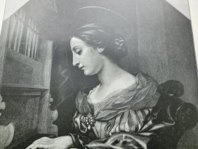 【百元包邮】《美女乐神：演奏管风琴的圣塞西莉亚》（Die Heilige Cäcilie）1886年，木刻版画， 纸张尺寸约41×28厘米。出自17世纪著名意大利巴洛克画家，卡洛·多尔奇（Carlo Dolci，1616-1686）作于1671年的油画，原画藏于德国德累斯顿历代大师画廊 -- 圣塞西莉亚是西方历史上第一个肉身被保存的圣人，后来被西方尊崇为音乐保护神；卒年大概是公元177年