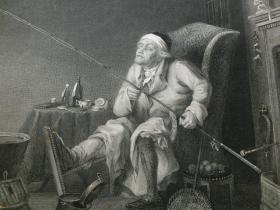 【百元包邮】1850年  钢版画《钓鱼迷，室内垂钓》（THE ENTHUSIAST） 源自艺术日志  伦敦文切公司出品  纸张尺寸约32.3×23.5厘米。出自英国画家，西奥多·拉恩（Theodore Lane，1800–1828）绘画作品。