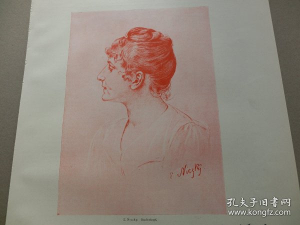 【百元包邮】《诗配画：女士肖像》(Studienkopf)    1902年，平版印刷画，纸张尺寸约41×28厘米。