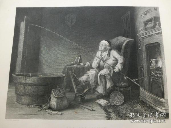 【百元包邮】1850年  钢版画《钓鱼迷，室内垂钓》（THE ENTHUSIAST） 源自艺术日志  伦敦文切公司出品  纸张尺寸约32.3×23.5厘米。出自英国画家，西奥多·拉恩（Theodore Lane，1800–1828）绘画作品。