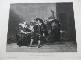【百元包邮】 《古典音乐社团，音乐会》（MUSICIRENDE GESELLSCHAFT）1886年 蚀刻版画  纸张尺寸约38×28.8厘米  出自17世纪荷兰黄金时代著名肖像与风俗画家，彼得·柯德（Pieter Codde，1599-1678）的油画作品，藏于德国诗威林美术馆，雕刻师：W.ROHR  奥地利维也纳艺术画廊出版