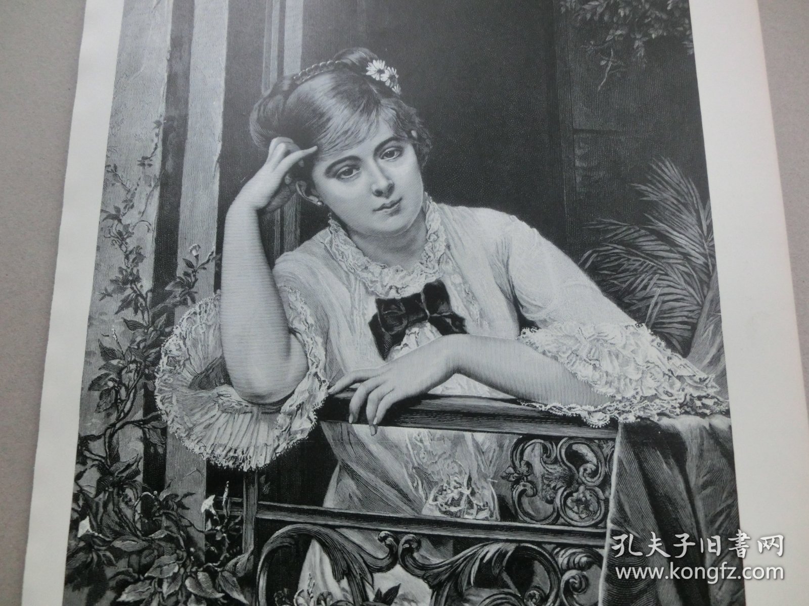 【百元包邮】《忧伤的少女》（Verlassen）1884年，木刻版画， 纸张尺寸约41×28厘米。出自19世纪法国画家，朱尔斯·埃米尔·圣廷（Jules Emile Saintin，1829-1894）绘画作品。