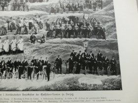 【百元包邮】《自行车比赛大合影》（Gruppenbild der Corsotheilnehmer） 1902年，平版印刷画，纸张尺寸约41×28厘米。