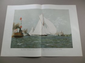 【百元包邮】《6月27日在基尔举行的帆船赛上通过终点线》（passirt bei der Regatta in Kiel am 27. Juni d..J. die Ziellinie） 1902年，大幅彩色平版印刷画，纸张尺寸约56×41厘米。