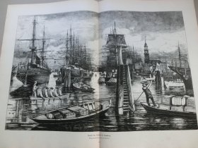 【百元包邮】汉堡港的景色》（Ansicht des Hafens in Hamburg） 1883年，大幅木刻版画， 纸张尺寸约56×41厘米。出自19世纪德国风景画家、雕刻家，Heinrich Petersen（1850-1906）的原创木刻作品 -- 汉堡港位于易北河下游的右岸，始建于1189年，迄今已有800多年历史，是德国最大的港口