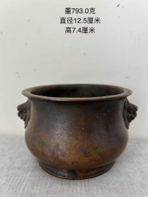 18_大明宣德年制款，圆足兽头耳铜香炉一只。