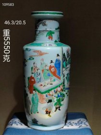 923_清代精品:五彩人物棒槌瓶，纯手绘满工，人物画面清晰、表情到位，尺寸高46.3厘米宽20.5厘米，重11.1市斤【5550克】