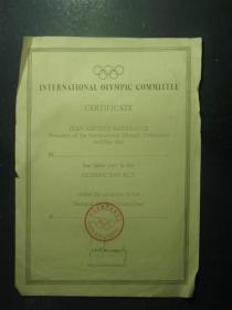 INTERNATIONAL OLYMPIC COMMITTEE CERTIFICATE JUAN ANTONIO SAMARANCH（55524)