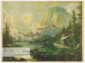 原版民国时期（四十年代）彩色画片，上海福州路二七八号素绚斋画片印刷公司出品，《月夜的湖景》。