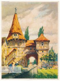 原版二战时期（四十年代）彩色画片，德国彩色珂罗版印刷，编号19577，Iphofen《伊普芬哥特式城堡》。