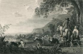 1840年钢版画《风景和牛》 27×20厘米