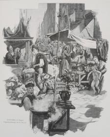 1900年木口木刻版画 《那不勒斯的集市》 41×28厘米（21）