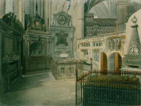 1812年手工上色飞尘铜版画《西敏寺圣保罗小堂东面》（32.7×26厘米）
