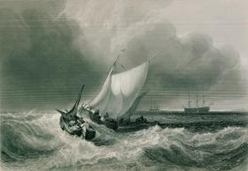 1870年代豪华版钢版画（大幅中国裱贴）威廉·特纳作品《狂风下的荷兰渔船》45×31厘米