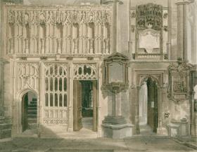 1812年手工上色飞尘铜版画《西敏寺圣伊拉斯莫斯小堂入口》（32.7×26厘米）