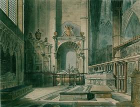 1812年手工上色飞尘铜版画《西敏寺圣艾德蒙德小堂西面》（32.7×26厘米）