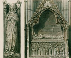 1812年手工上色飞尘铜版画 《西敏寺圣坛北面兰开斯特伯爵夫人艾芙琳之墓》（32.7×26厘米）
