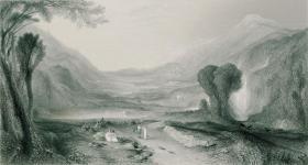 1870年代豪华版钢版画（大幅中国裱贴）威廉·特纳作品《在谭蓓谷的阿波罗和达芙妮》45×31厘米