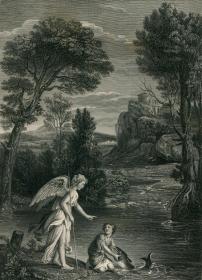 1840年钢版画 《托比特和天使》27×20厘米