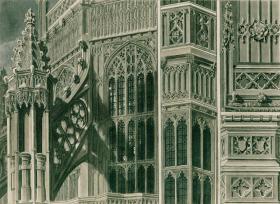 1812年手工上色飞尘铜版画《西敏寺亨利七世小堂内景局部》（32.7×26厘米）