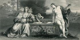 1876年钢版画《神圣与世俗之爱》 30×21厘米