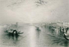 1870年代豪华版钢版画（大幅中国裱贴）威廉·特纳作品《驶近威尼斯》45×31厘米