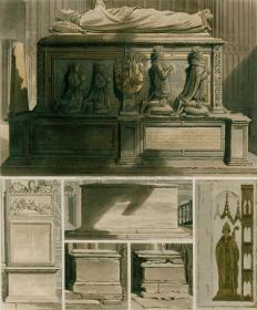 1812年手工上色飞尘铜版画《西敏寺忏悔者爱德华纪念堂局部》（32.7×26厘米）