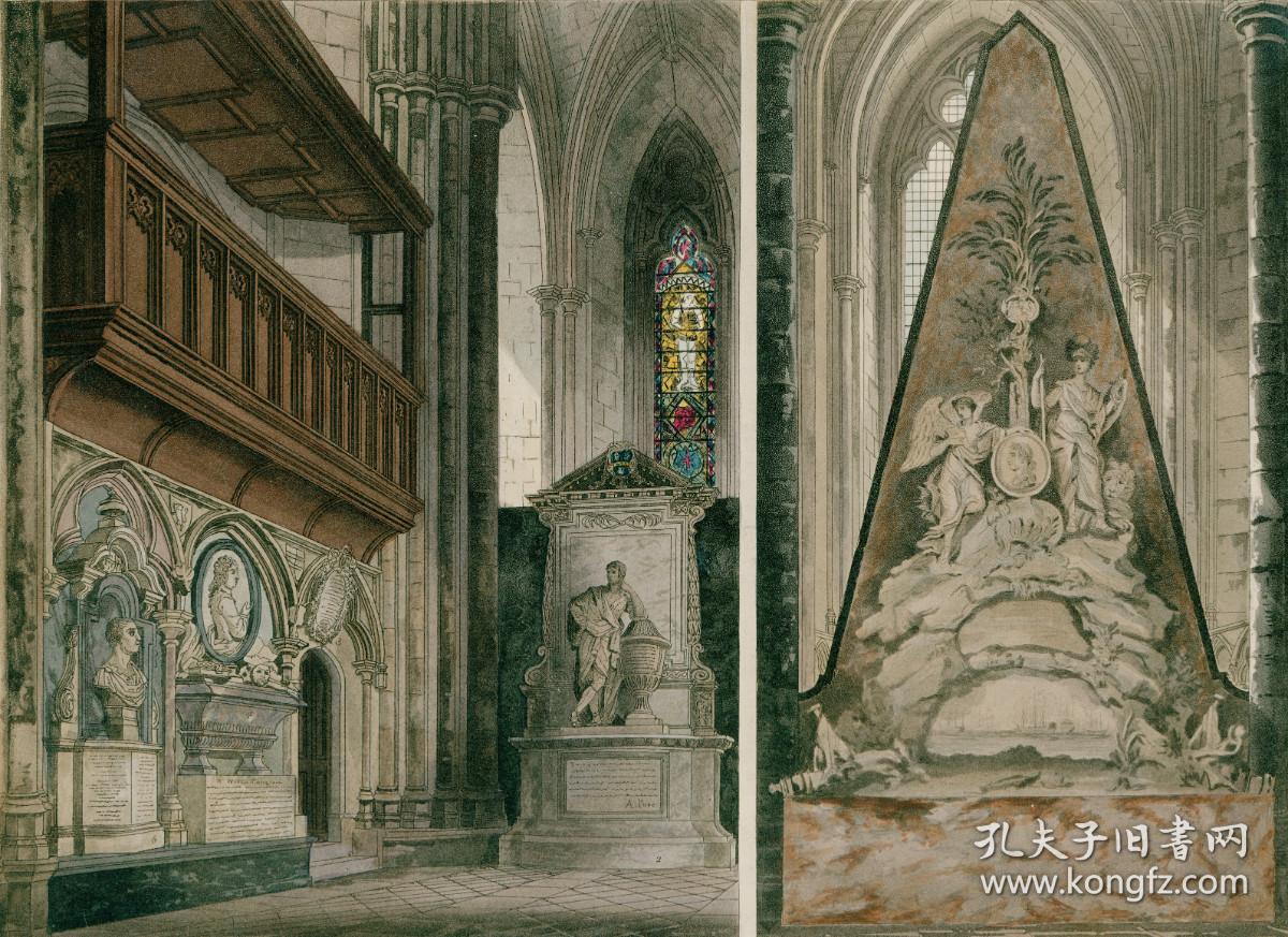 1812年手工上色飞尘铜版画《西敏寺西门右侧》（32.7×26厘米）