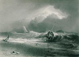 1870年代豪华版钢版画（大幅中国裱贴）威廉·特纳作品《打鱼船》45×31厘米