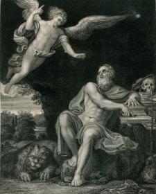 1840年钢版画 《圣杰罗姆和天使》27×20厘米