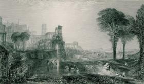 1870年代豪华版钢版画（大幅中国裱贴）威廉·特纳作品《卡里古拉的宫殿和桥》45×31厘米