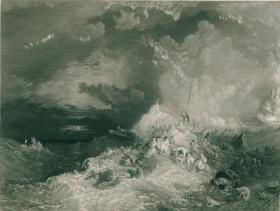 1870年代豪华版钢版画（大幅中国裱贴）威廉·特纳作品《海上之火》45×31厘米