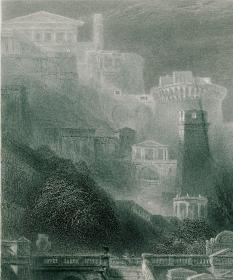 1870年代豪华版钢版画（大幅中国裱贴）威廉·特纳作品《海洛和利安德的别离》45×31厘米