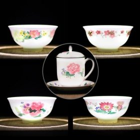 毛瓷献礼90周年纪念发行四季花薄瓷碗餐具茶杯5件套高档实木包装
