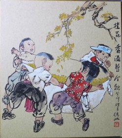 樓傳興中國水墨寫意畫童子圖（日本金泥卡）癸卯秋月之七