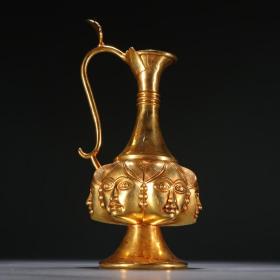旧藏 铜鎏金人面纹执壶。