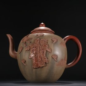 朱可心款 紫砂堆雕人物仙鹤大茶壶。