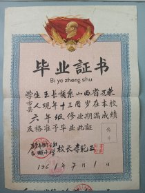 1961年.万荣县古城小学.六年级毕业征书