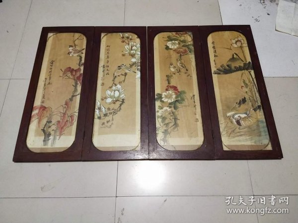 218_民国彩绘花鸟四扇屏，画工精美绝伦，品相完整无损，原装原裱，老味十足，著名画师仿张其冀的，保真包老保手绘真迹，价格小高，喜欢私聊。总宽1.23，高79公分