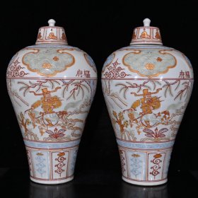 元代樞府五彩沥粉描金堆线萧何追韩信梅瓶（49×26cm）
