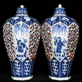 元青花釉里红捏花八仙人物纹八方梅瓶，高47.5cm直径24.5cm