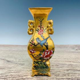 汝瓷全鎏金粉彩花鸟纹花瓶，高18厘米，直径8厘米，