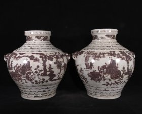 元釉里红巴斯巴鬼谷下山人物故事纹兽头罐一对，高36×38厘米