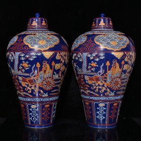 元代樞府霁蓝五彩沥粉描金堆线鬼谷子下山梅瓶（49×26cm）