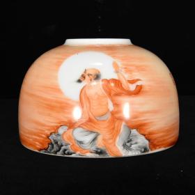 清雍正矾红罗汉纹水盂，7.5×11.5