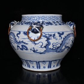 元青花龙纹带铜环四虎头罐2（有一对）（29×35cm）