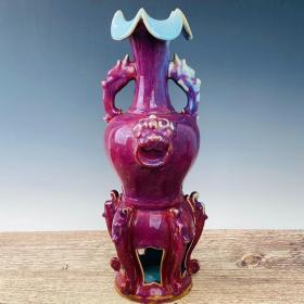 回流宋钧瓷玫瑰紫釉连坐虎头瓶，高47厘米，直径19厘米