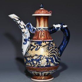 元青花釉里红描金凤纹壶，高29cm直径24cm