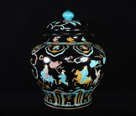 明永乐乌金釉砝华彩人物故事纹盖罐，高40×32厘米